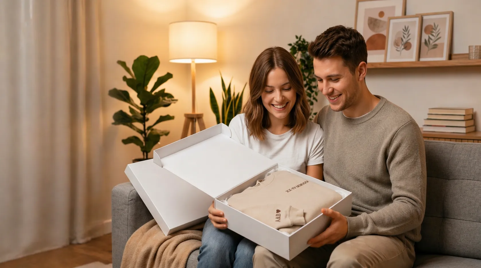 Couple souriant portant un sweat personnalisé brodé avec date en chiffres romains sur le cœur